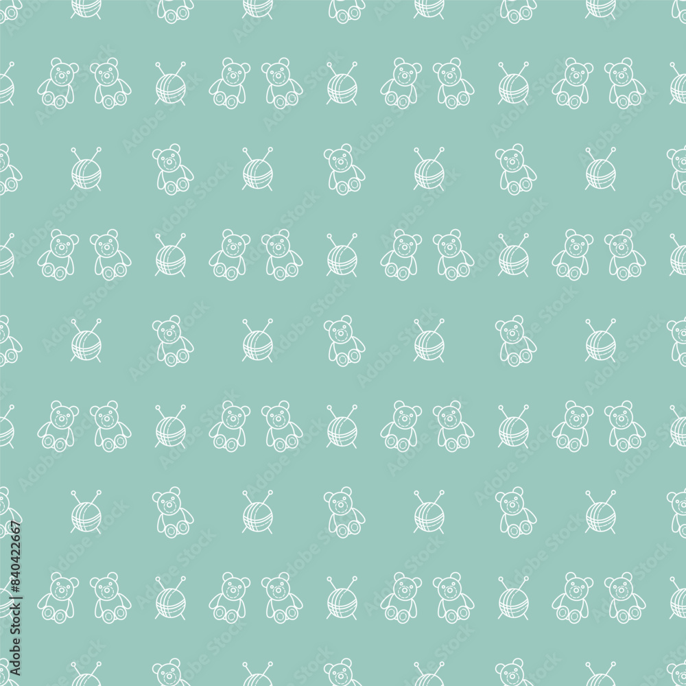 Seamless pattern with a skein, knitting needles, teddy bear. Doodle vector outline illustration. Seamless pattern with a skein, knitting needles, teddy bear. Doodle vector outline illustration.