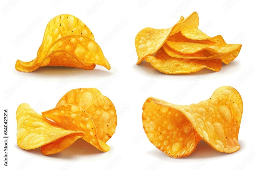 Four potato chips on a plain white surface Four potato chips on a plain white surface
