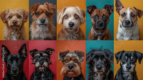 various dog breeds collaged against multicolored background marketing for pet food brands showing variety for every breed animal theme care veterinary medical concept.image illustration © Wiseman