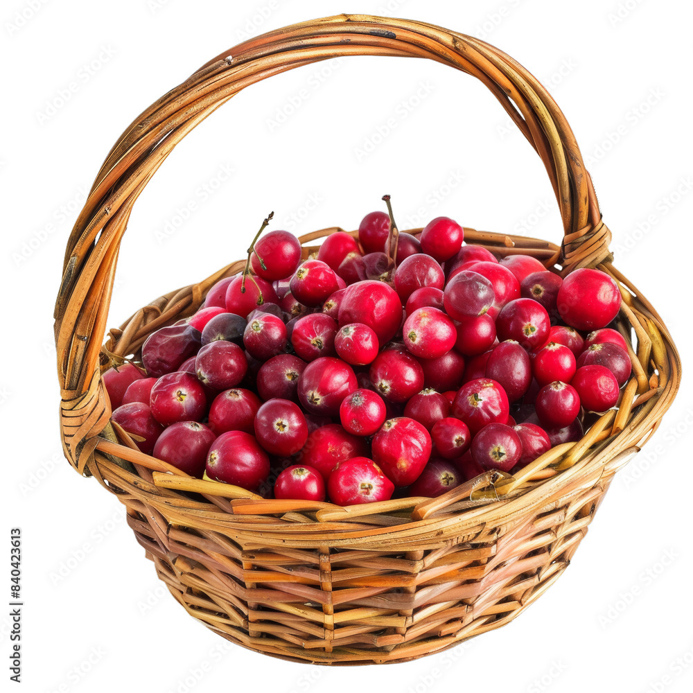 A basket of fresh cranberries, isolated on transparent white background A basket of fresh cranberries, isolated on transparent white background