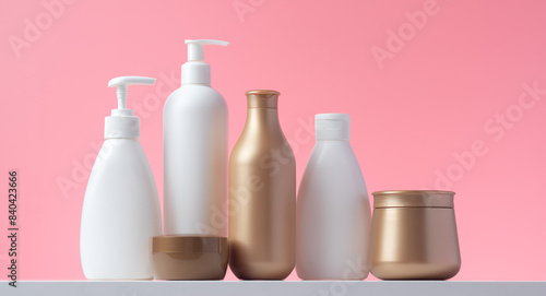 Set of cosmetic bottles, cream jar in bathroom. Toiletries for personal hygiene. Plastic container, liquid soap dispenser. Various beauty care products on shelf in home pink bath. Shampoo, hair mask.