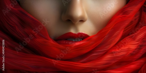 Closeup shot of a womans partially covered mouth behind a red cloth. Concept Photography, Portraiture, Lifestyle, Creative Concept, Photo Editing