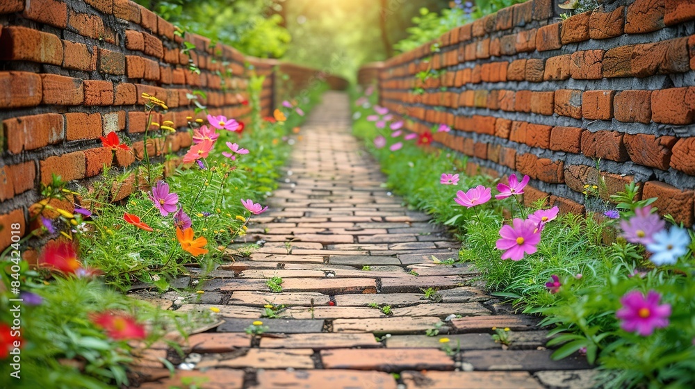 A brick path with flowers growing between it and a brick wall with flowers growing between them A brick path with flowers growing between it and a brick wall with flowers growing between them
