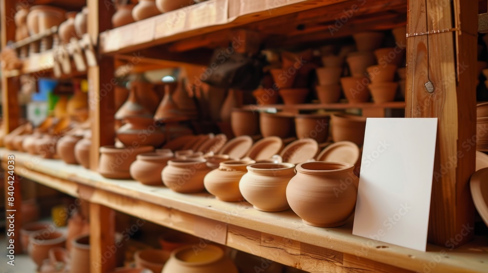Fototapeta premium Artisanal Pottery Class Creativity in Clay Business Cards Glazing Samples and Students' Masterpieces on Display