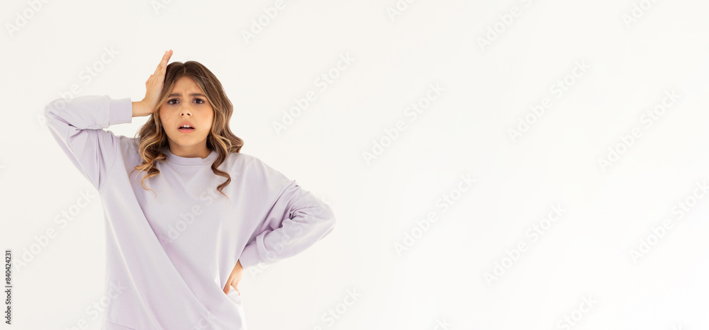 Photo of scared impressed lady wear purple sweatshirt open mouth arm head isolated white color background Photo of scared impressed lady wear purple sweatshirt open mouth arm head isolated white color background