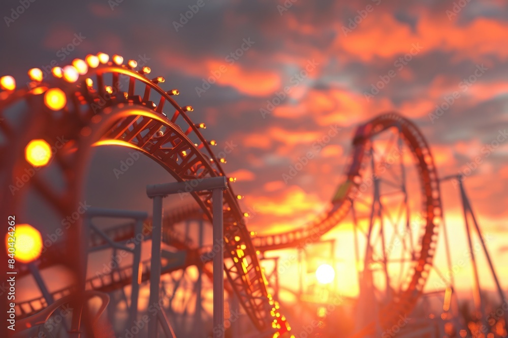 A roller coaster at sunset with the sun setting in the background, suitable for use in travel or adventure-themed contexts A roller coaster at sunset with the sun setting in the background, suitable for use in travel or adventure-themed contexts