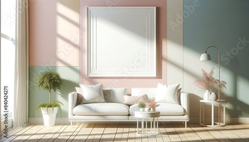 Pastel Living Room with White Furniture and Blank Picture Frame