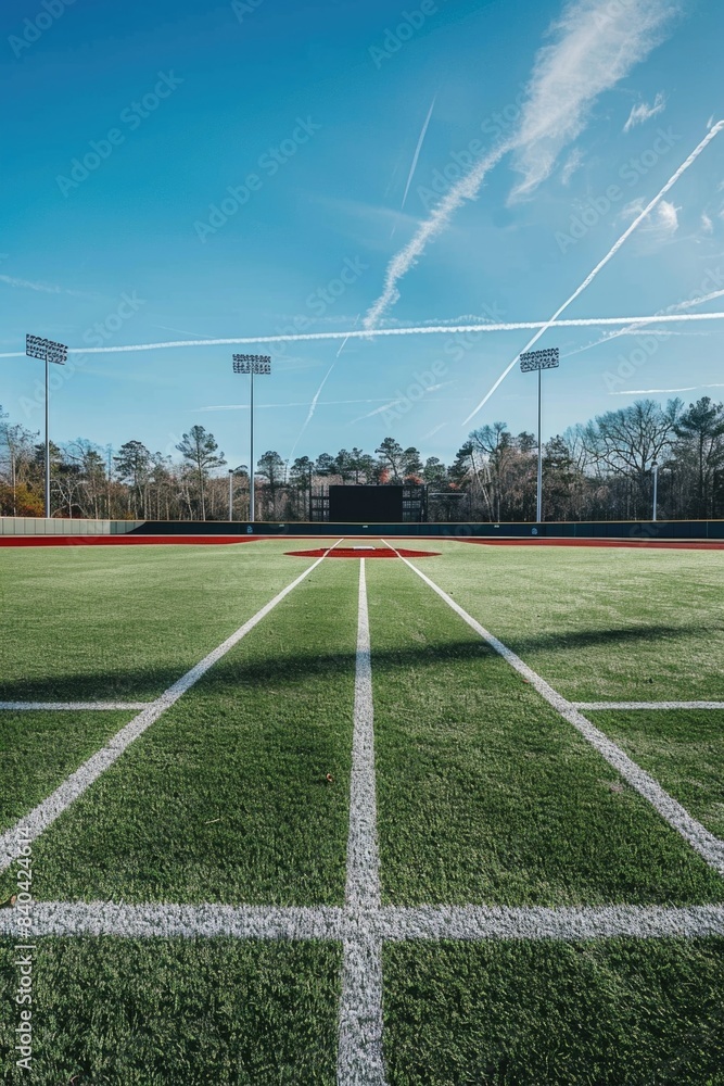 Obraz premium A photo of a baseball field with white lines and grass