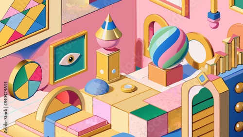 Vibrant Surreal Landscape with Geometric Shapes and Whimsical Colors