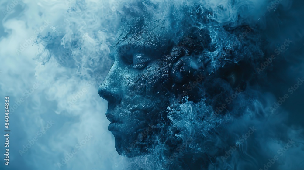a mental health awareness campaign poster focusing on overcoming personal struggles male portrait with a brain and head element problems love solitude psychology and surrealism art concept.stock image a mental health awareness campaign poster focusing on overcoming personal struggles male portrait with a brain and head element problems love solitude psychology and surrealism art concept.stock image
