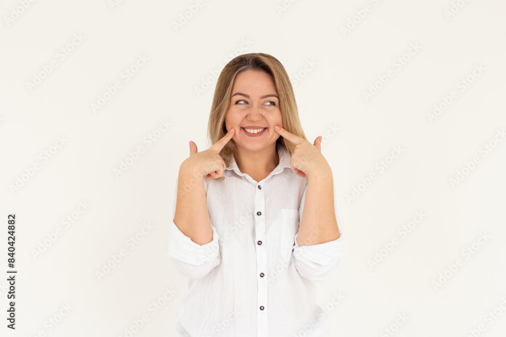 Portrait of beautiful woman happiness standing finger touch cheek on white background, businesswoman is a smiling on concrete, business people concept. Portrait of beautiful woman happiness standing finger touch cheek on white background, businesswoman is a smiling on concrete, business people concept.