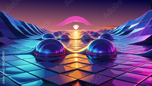 Surreal Neon Landscape with Reflective Spheres at Sunset