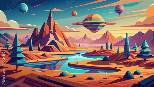 Vibrant Retro-Futuristic Landscape with Planets and Spaceship