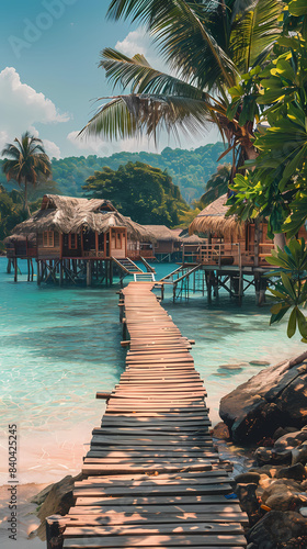 This is an image of a beach resort with thatched huts and a dock in the water, on a sunny day, houses on stilts, waterfront houses, paradise in the background, 8K © Akharadat