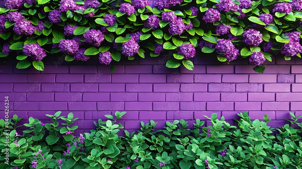 A wall adorned with purple blooms and verdant foliage A wall adorned with purple blooms and verdant foliage