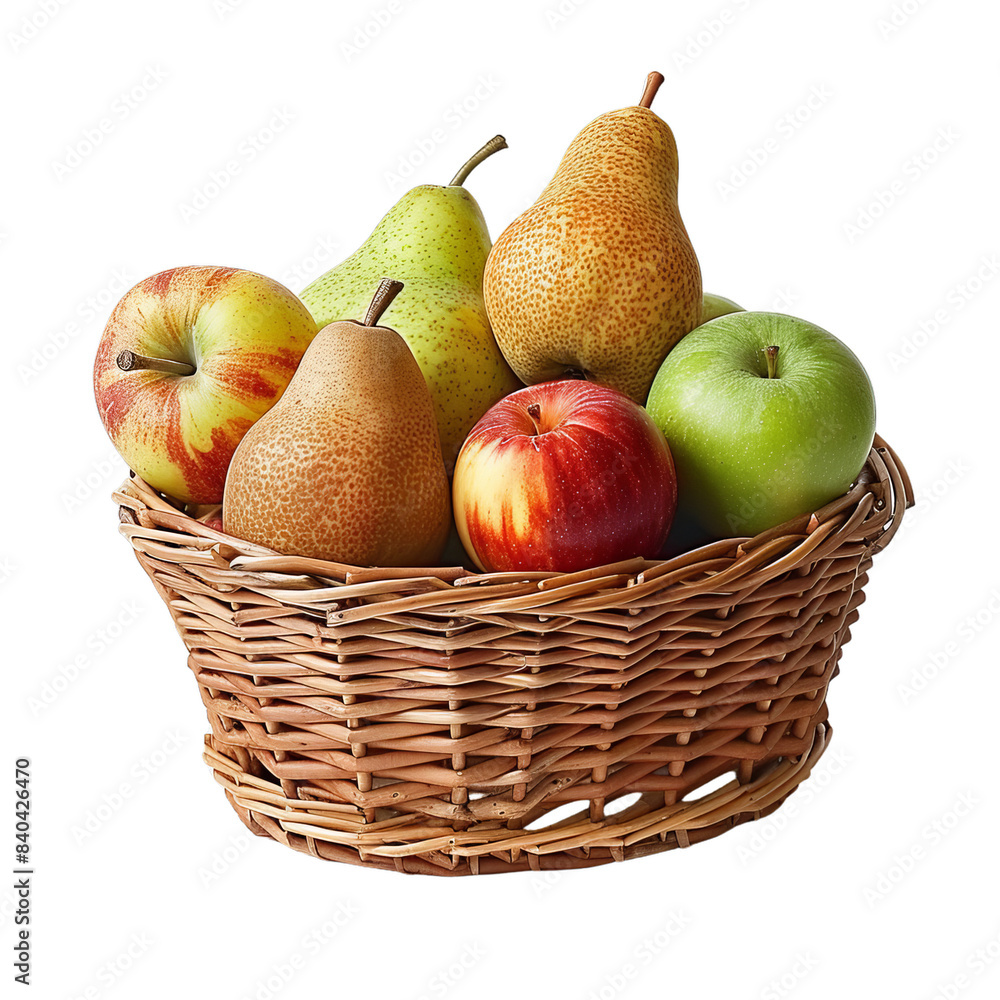 A basket of mixed apples and pears, isolated on transparent white background A basket of mixed apples and pears, isolated on transparent white background