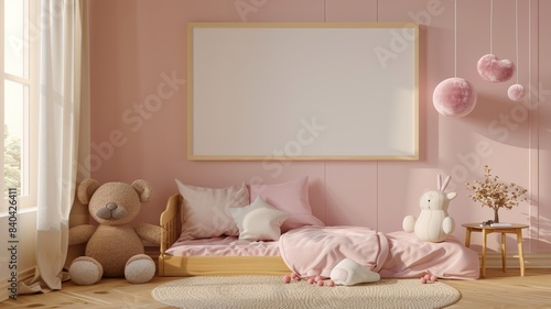 A cozy pink nursery with a wooden bed  a teddy bear  a bunny toy  and a blank canvas for decoration.