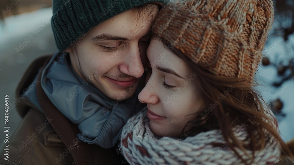 A man and a woman embracing in snowy surroundings, possibly during winter or Christmas A man and a woman embracing in snowy surroundings, possibly during winter or Christmas