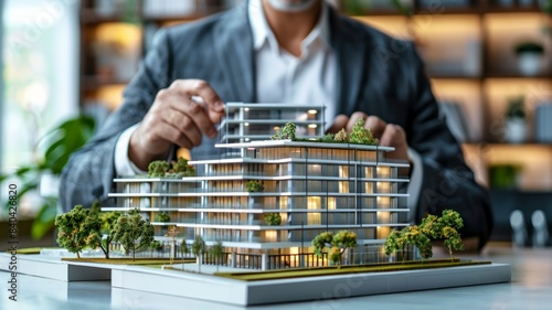 Architect Working on a Modern Apartment Building Model in His Office