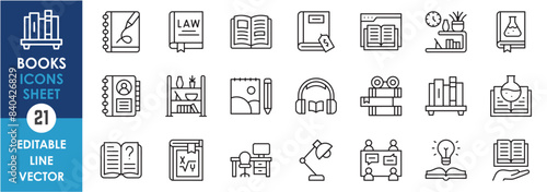 A set of line icons with books and study materials. Book, reading, study desk, group discussion, maths, rack, chemistry and so on. Vector outline icons set.