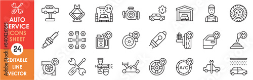 A set of line icons related to auto service and repair. Service, repair, clean, wash, tool, engine, worker, tyre and so on. Vector outline icons set.