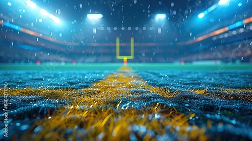 an american football stadium with yellow goal posts grass fields and blurred fans at play flashlights concept outdoot sports football championships games etc.image illustration