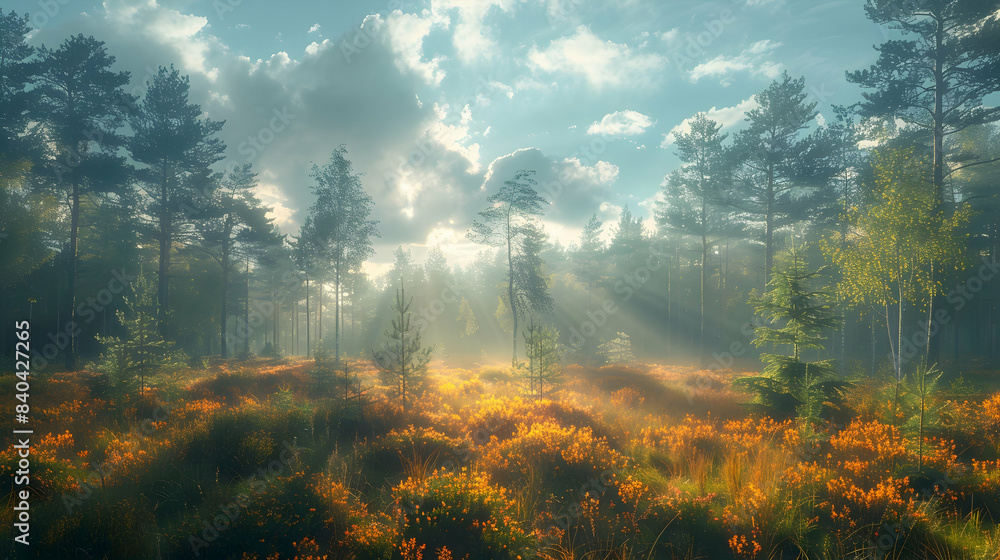 A vast nature forest steppe with a mix of grasslands and scattered trees, the sunlight creating a warm and inviting atmosphere A vast nature forest steppe with a mix of grasslands and scattered trees, the sunlight creating a warm and inviting atmosphere