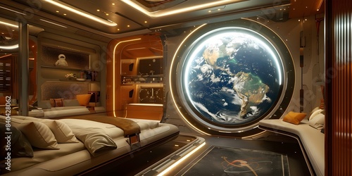 Luxury Space Hotel with Earth View from Observation Deck Window. Concept Space Tourism, Luxury Accommodation, Earth Observation, High-tech Facilities, Extraterrestrial Experience