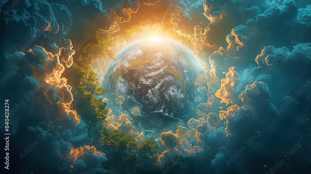 an aerial shot of the planet earth globe surrounded by clouds in space.illustration an aerial shot of the planet earth globe surrounded by clouds in space.illustration