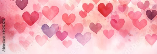 Watercolor hearts of varying sizes and shades of red and pink on an aquarelle background. Concept of love  romance  Valentine s Day  passion Greeting card  postcard  banner. Abstract wallpaper