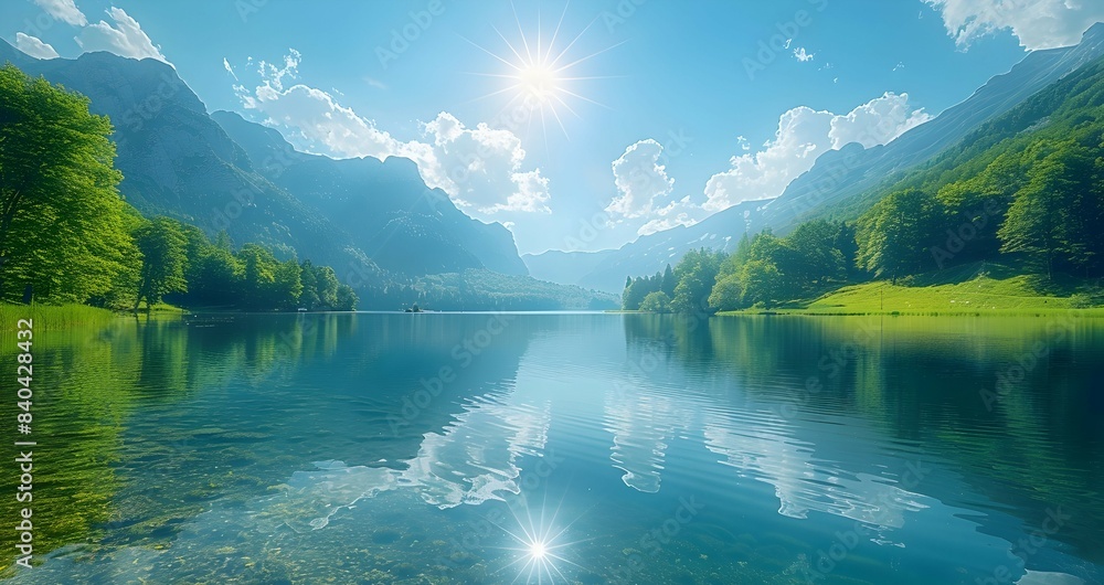 Naklejka premium A vast nature reservoir with clear, still water reflecting the surrounding landscape, the sunlight creating a warm and inviting atmosphere