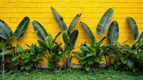  Yellow brick wall with green grass and row of banana trees