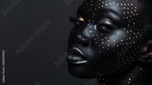 Art Portrait closeup Beauty fantasy african woman face in color paint. Fashion model girl. Professional glamour makeup Gold jewellery, jewelry, accessories