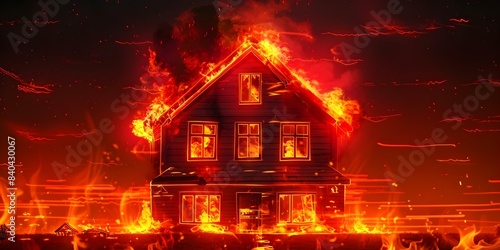 Cartoon house engulfed in flames with red glow against night sky. Concept Fire, Cartoon, House, Flames, Night Sky photo