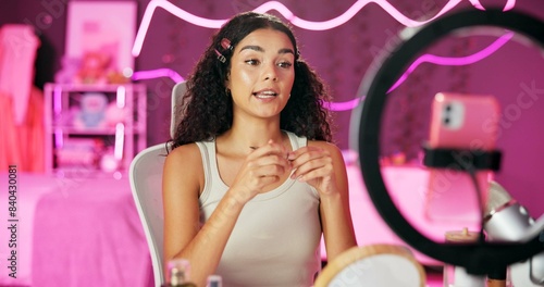 Foto Woman, content creator and ring light for recording, cosmetics influencer and live streaming in studio
