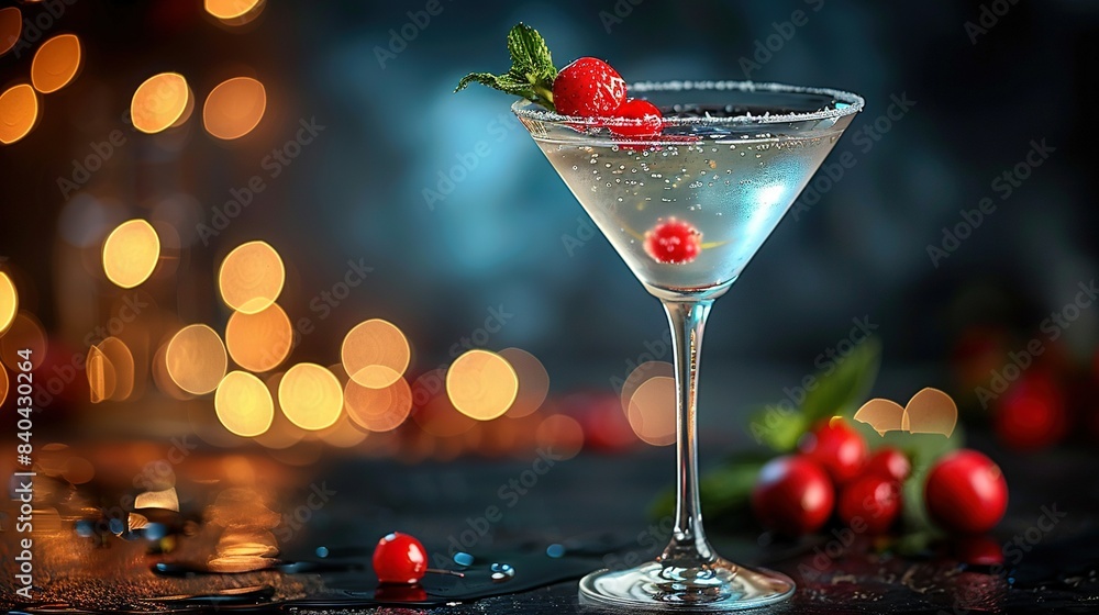 Martini glass with a berry garnish and blurry background Martini glass with a berry garnish and blurry background