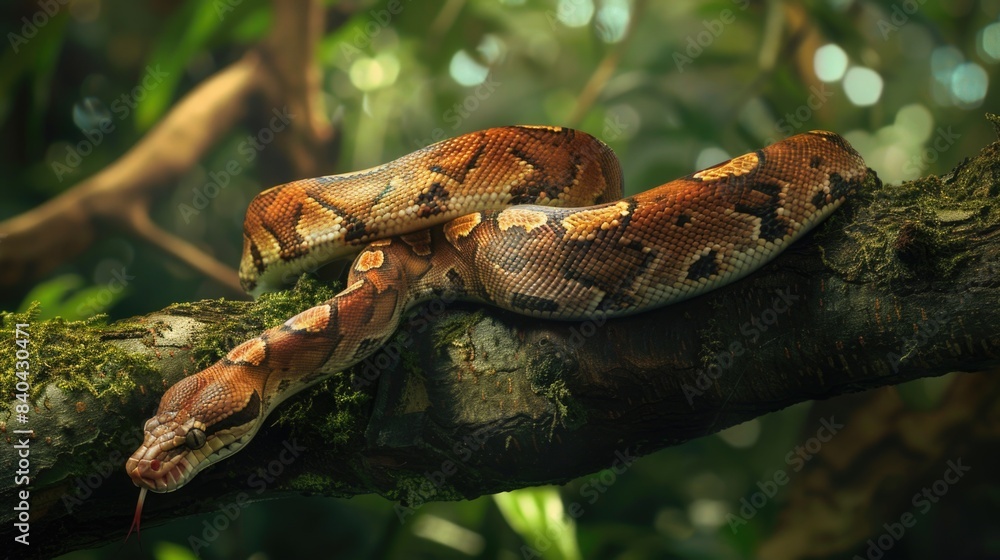 Naklejka premium A snake is coiled around a tree branch, highlighting its flexibility and camouflage abilities