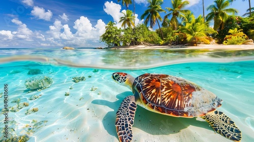 Tropical beach with sea turtle underwater and palm trees in the background  concept of marine life  travel  vacation  wildlife
