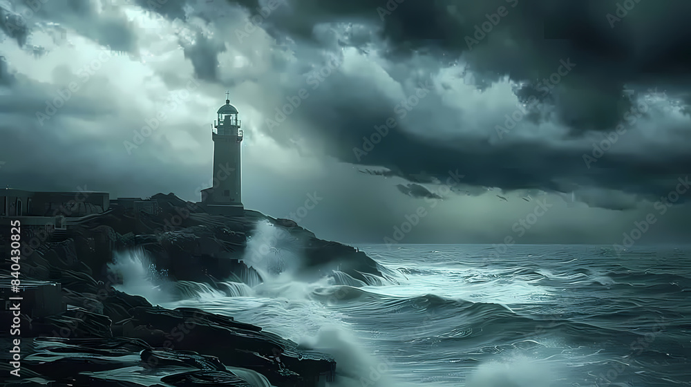 A charming lighthouse on a rocky coastline, with crashing waves and a stormy sky