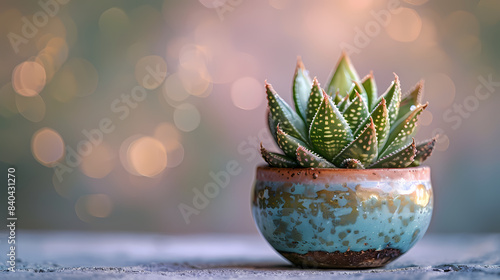 cute mini Haworthia cymbiformis plant in a pot, light pastel background photo