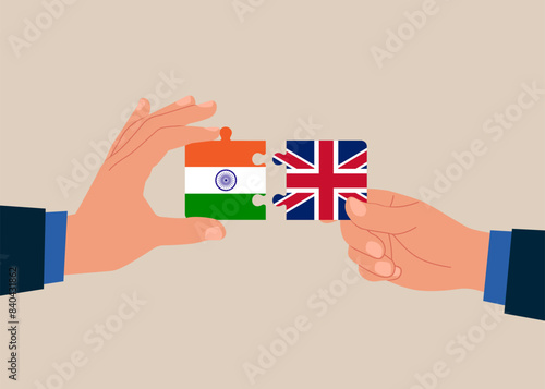 Bilateral cooperation. Connecting puzzle elements jigsaw puzzle India and Great Britain flags. Vector illustration