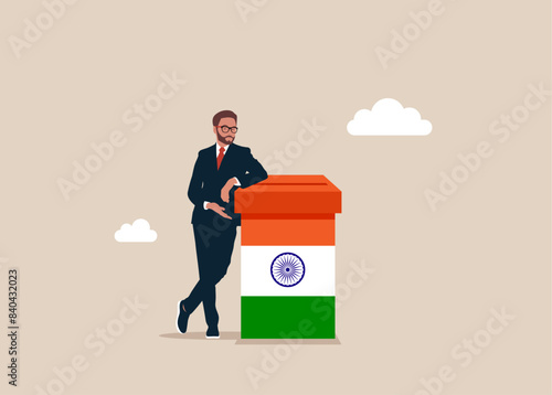 Politician standing with crossed legs and leaning on tribune India. Vector politician character illustration.
