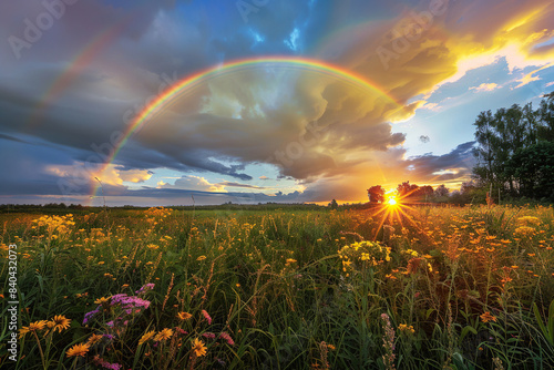 Generative ai on theme of beautiful tranquil landscape with magical bright rainbow at cloudy sky photo