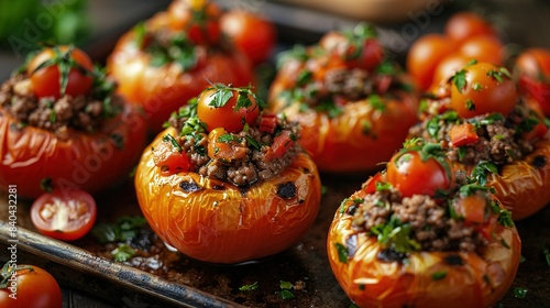   A table is set with a tray filled with stuffed tomatoes, topped with meat and veggies photo