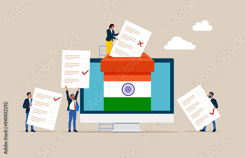 Voting in India. Online voting with computer screen. Paper ballots to election box. Electronic voting system for elections. Democracy Freedom Concept. Flat vector illustration