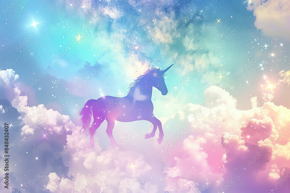 Fototapeta premium Generative ai on theme of fantasy unicorn in beautiful sky with bright rainbow and fluffy clouds