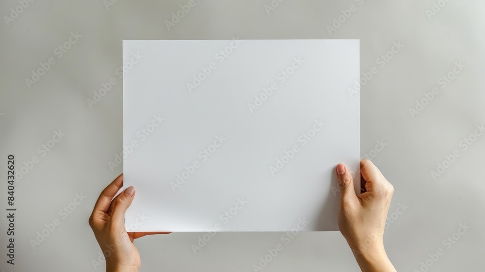 Blank White Paper Mockup Held in Hand Against Gray Background Blank White Paper Mockup Held in Hand Against Gray Background