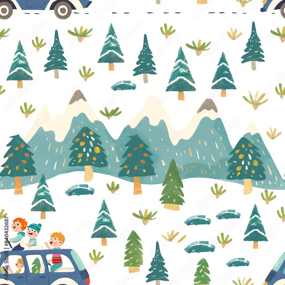 Obraz premium A kindergarten sketch of a family driving in a car, with everyone smiling and trees and mountains visible through the car windows. Minimal pattern banner wallpaper, simple background, Seamless,