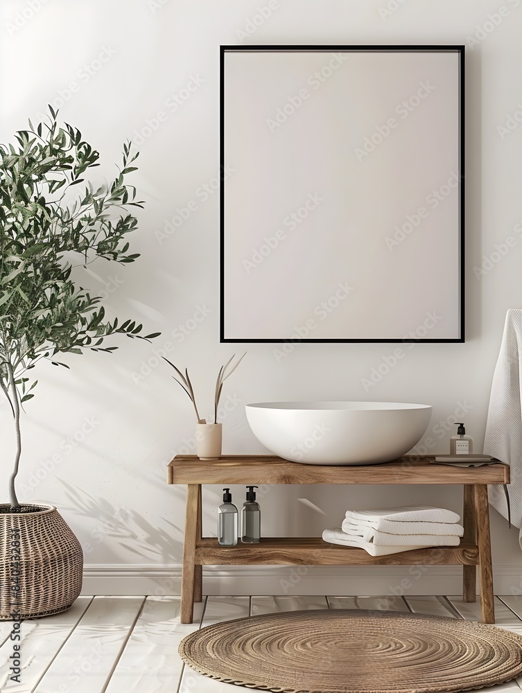 Fototapeta premium Cozy and Relaxing Minimalist Bathroom Interior with Wooden Vanity and Vessel Sink