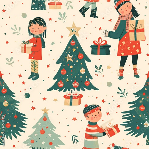 A kindergarten child        s depiction of a family holiday  with a decorated Christmas tree  presents  and everyone wearing festive clothes. Minimal pattern banner wallpaper  simple background  Seamless 